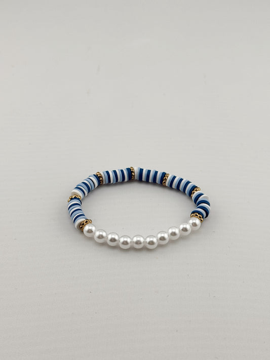 Blue Stripe & Pearl Beaded Bracelet, Summer-inspired Handmade Jewelry,Jean-like bracelet