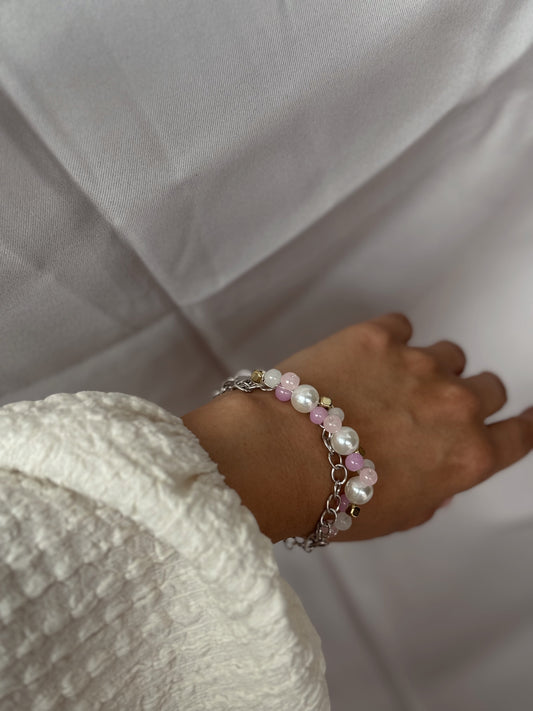 Pink Harmony Beaded Chain Bracelet , Handmade jewelry with Freshwater Pearl & Multi-tone Pink Beads,Dainty Gift for her