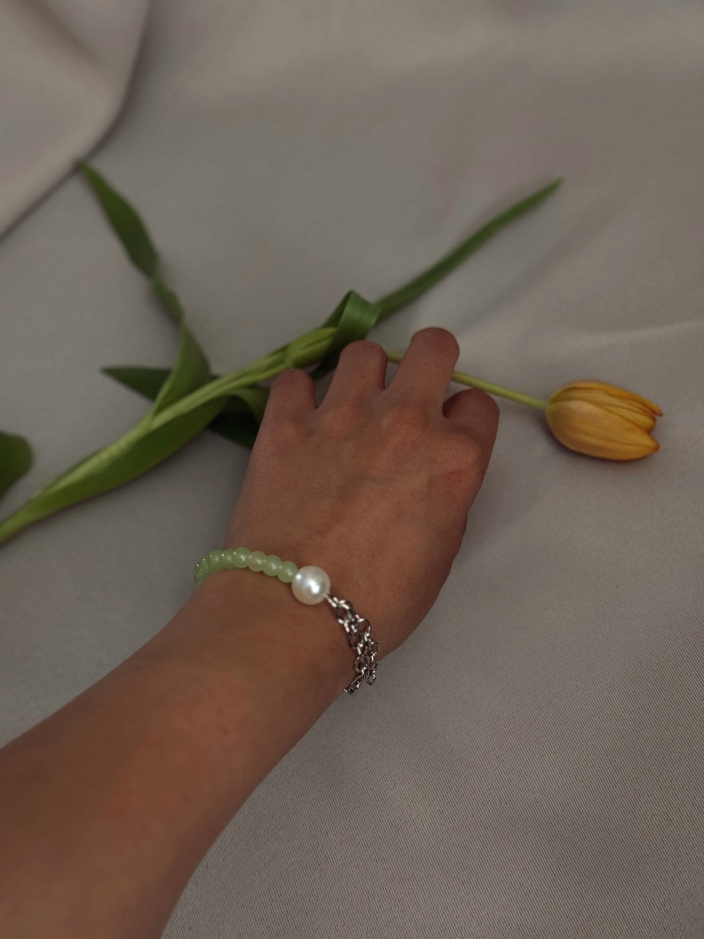 Silver Stainless Steel Bracelet with Freshwater Pearl & Green Jade Beads
