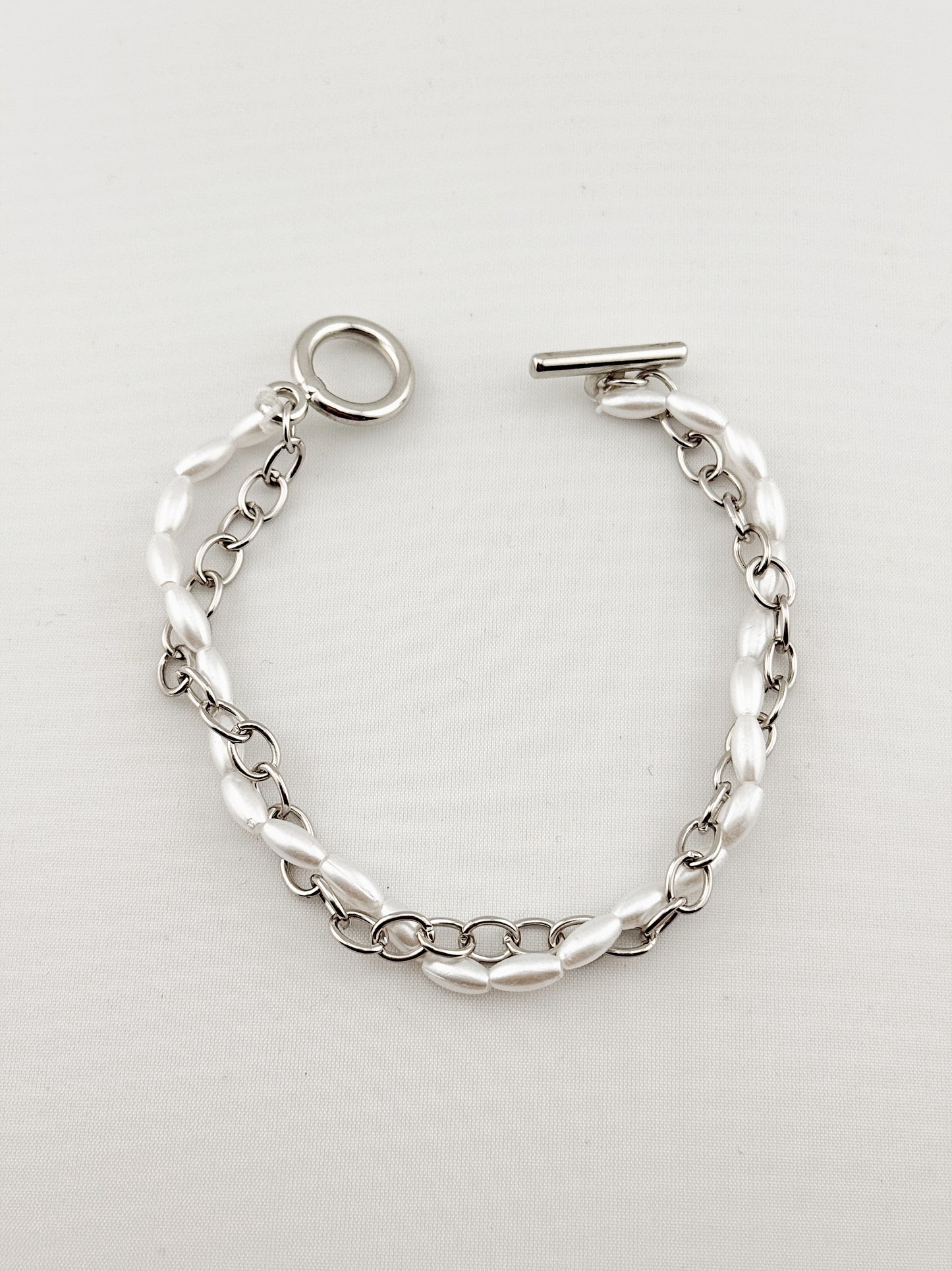 Pearl Bracelet Wrap in Silver Chain with Toggle Clasp , Dainty Oval Pearl Beaded Bracelet for Mom,Perfect Gift for Her,Everyday wear jewelry