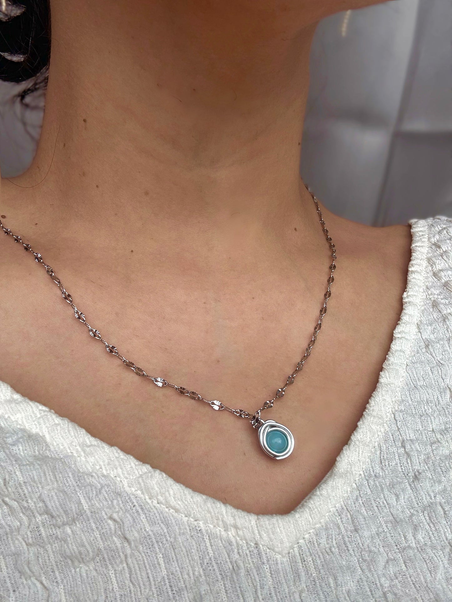 Handmade Beaded Silver Chain necklace with Teardrop wired Pendant