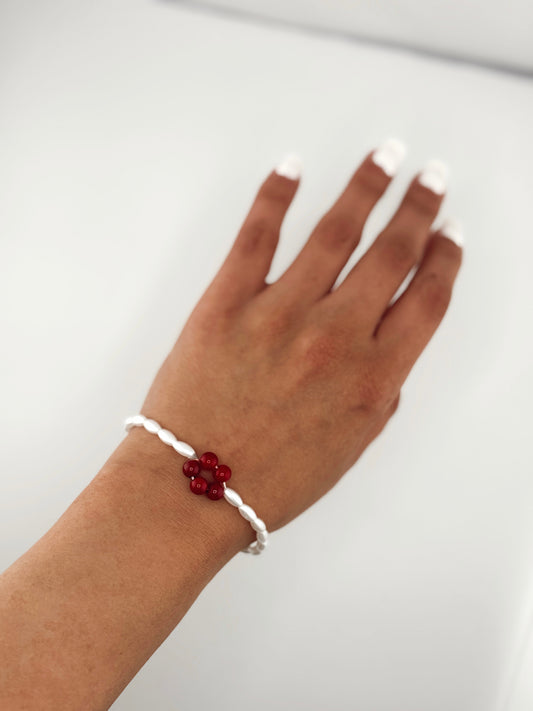 Minimalist White Beaded Bracelet with Red Flower Accent , Dainty Handmade Jewelry ,Gift for Her ,Everyday Bracelet