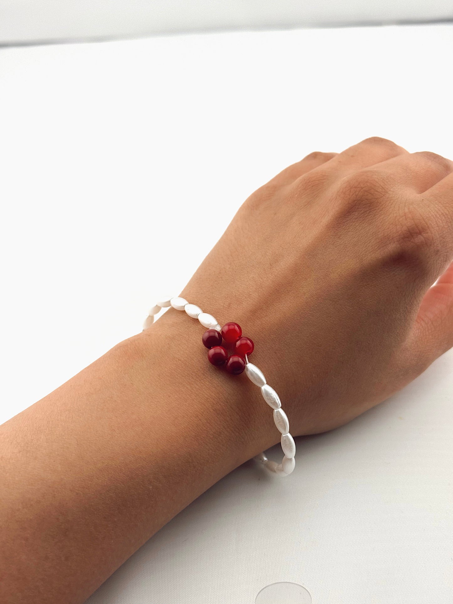 Minimalist White Beaded Bracelet with Red Flower Accent , Dainty Handmade Jewelry ,Gift for Her ,Everyday Bracelet