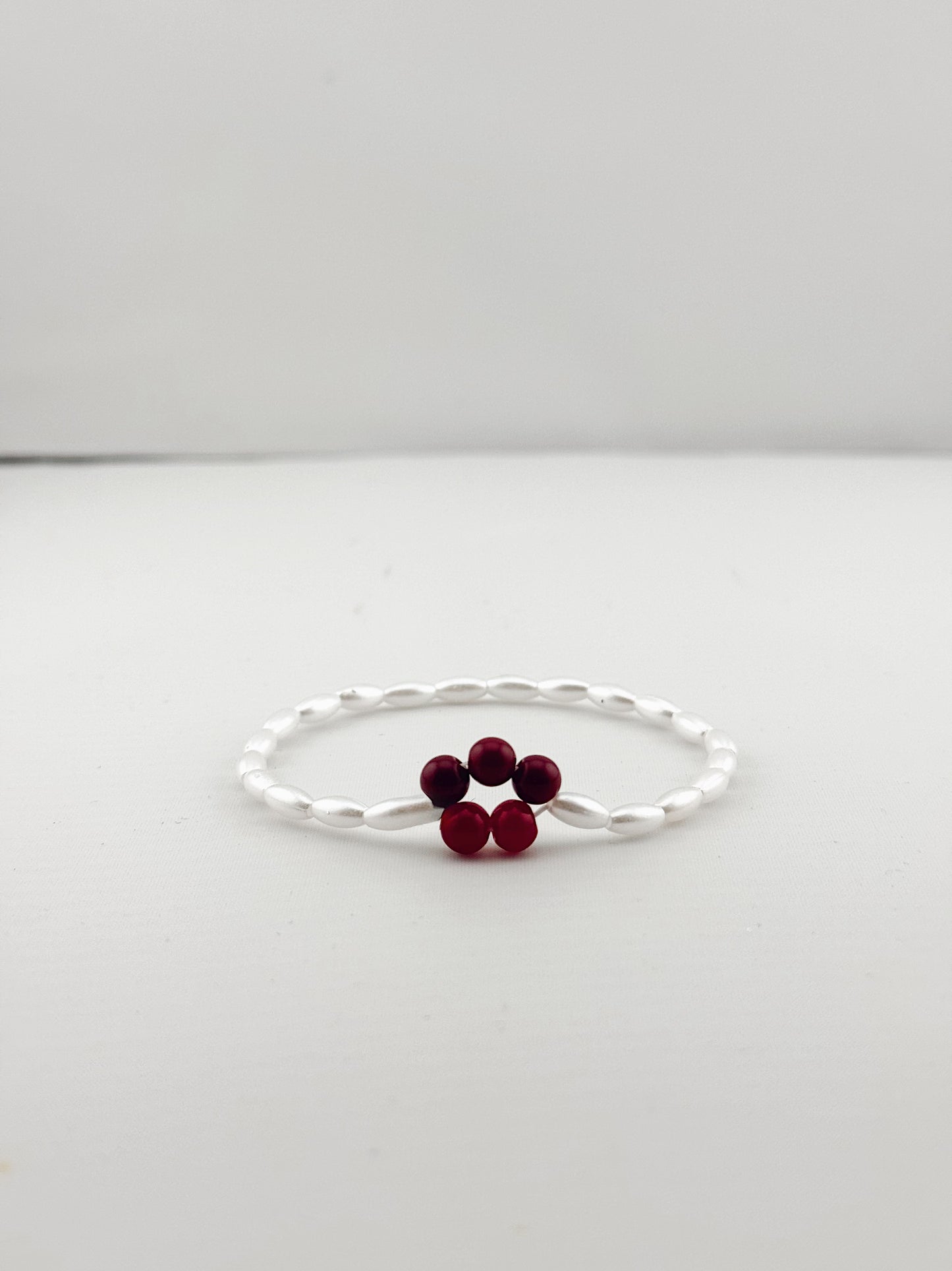Minimalist White Beaded Bracelet with Red Flower Accent , Dainty Handmade Jewelry ,Gift for Her ,Everyday Bracelet