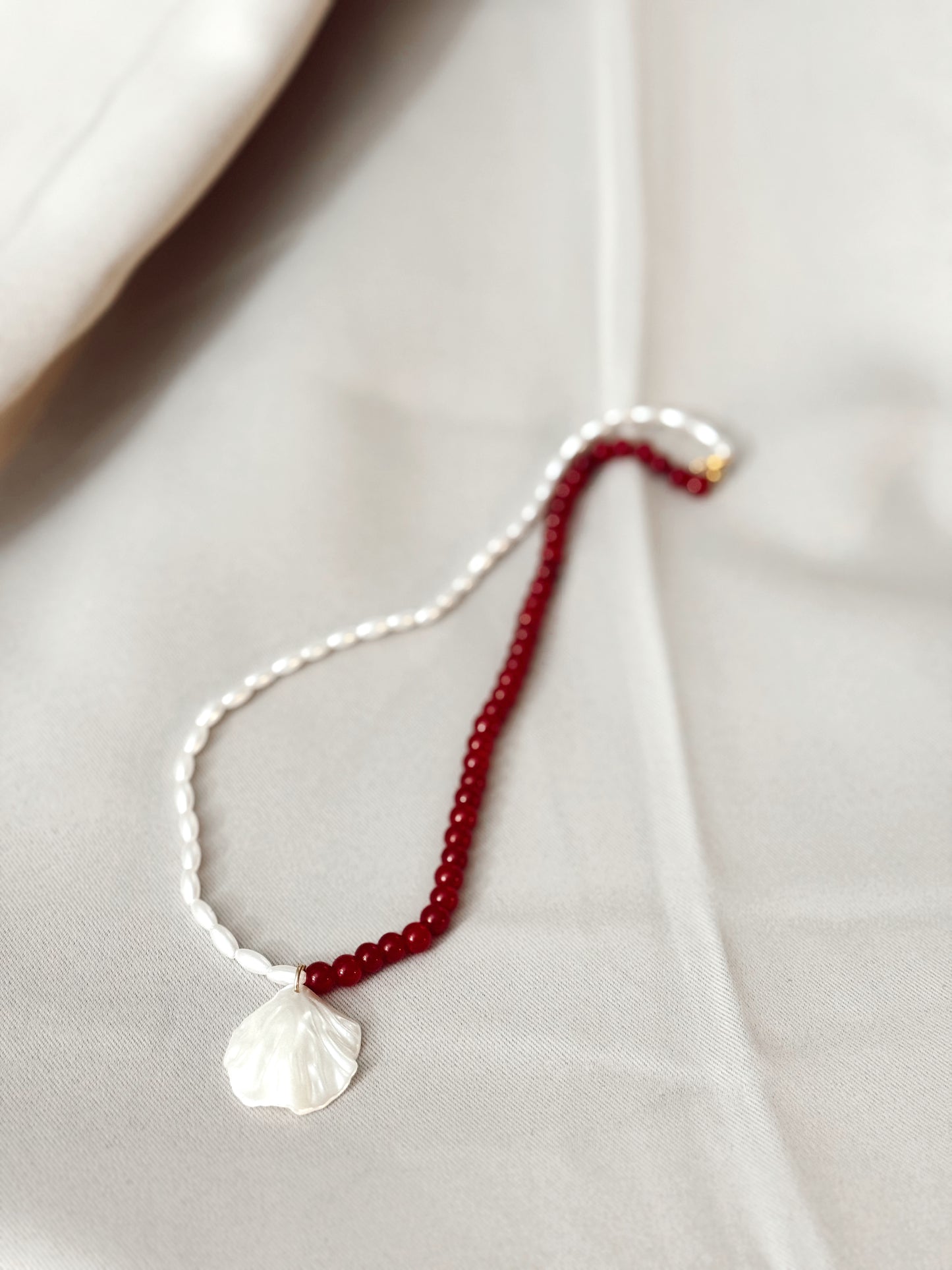 Red Garnet & Pearl Harmony with Petal Pendant necklace,Elegant handmade jewelry, Perfect Gift for Women, Summer jewelry