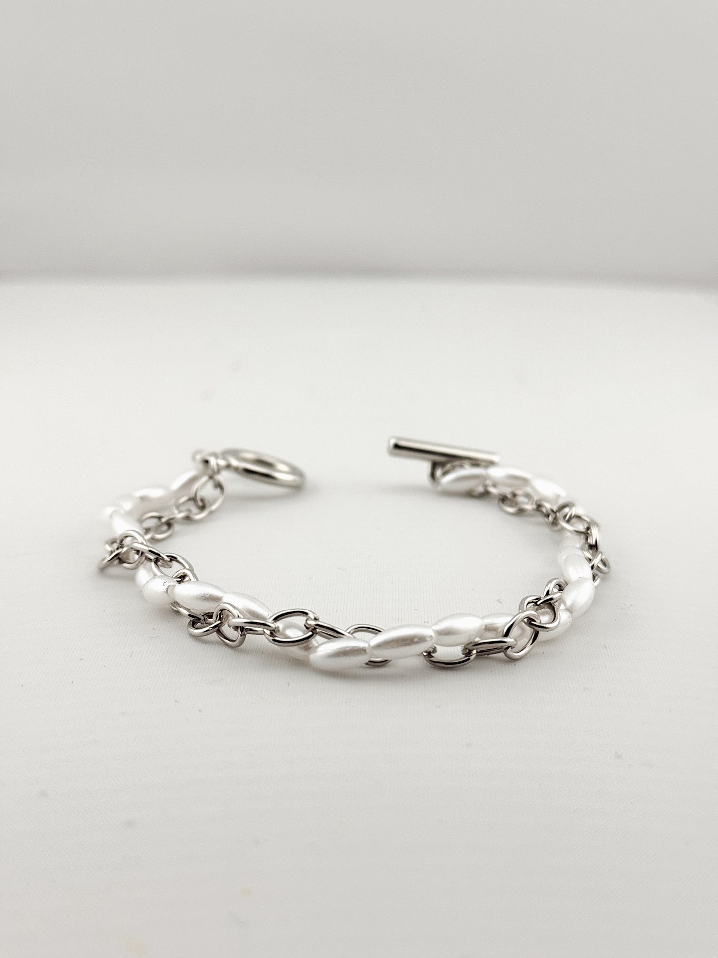 Pearl Bracelet Wrap in Silver Chain with Toggle Clasp , Dainty Oval Pearl Beaded Bracelet for Mom,Perfect Gift for Her,Everyday wear jewelry