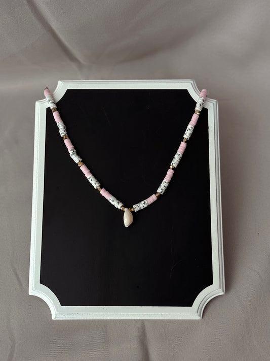 Beachy Boho Choker for Women,Pink & Zebra Printed Clay Beaded Necklace with Gold Accents and Shell Charm