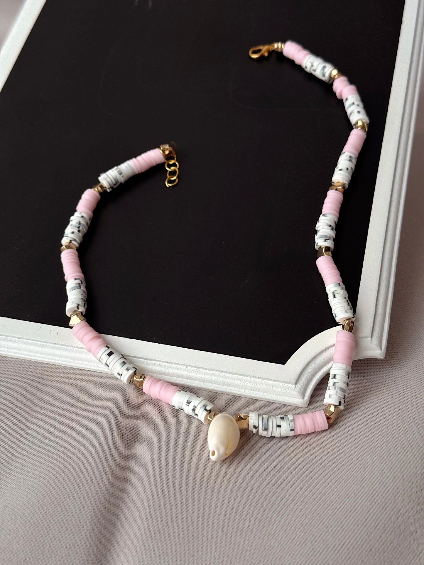 Beachy Boho Choker for Women,Pink & Zebra Printed Clay Beaded Necklace with Gold Accents and Shell Charm