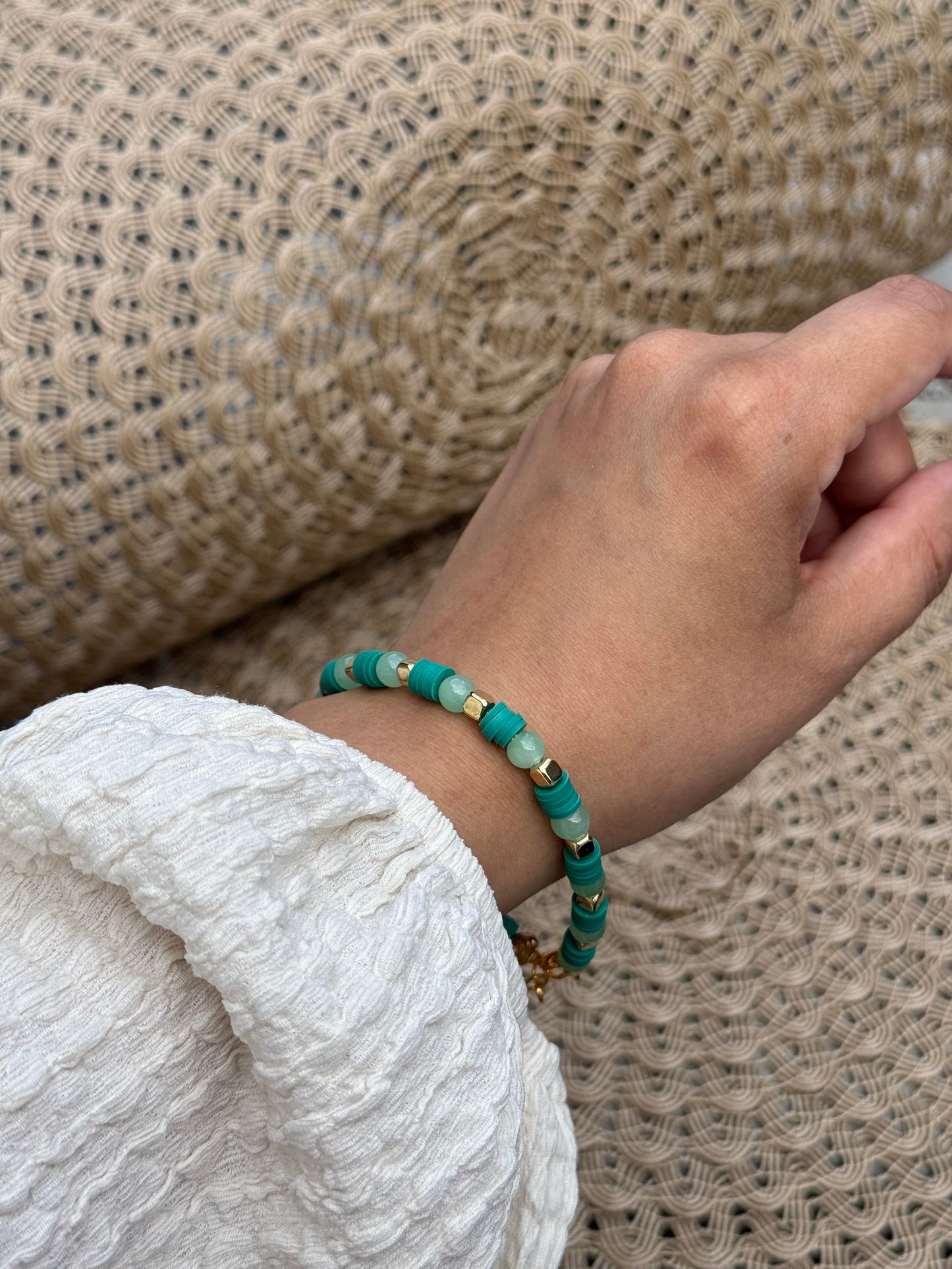 “Golden Oasis” -Turquoise Beaded Bracelet with Golden Accents