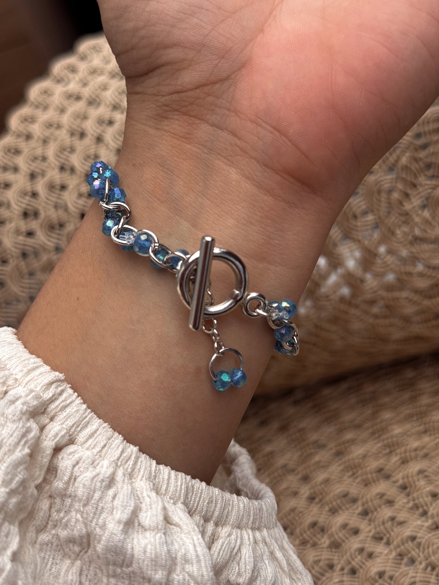 Ocean/ sky -inspired Blue Glass Beaded Silver Chain Bracelet