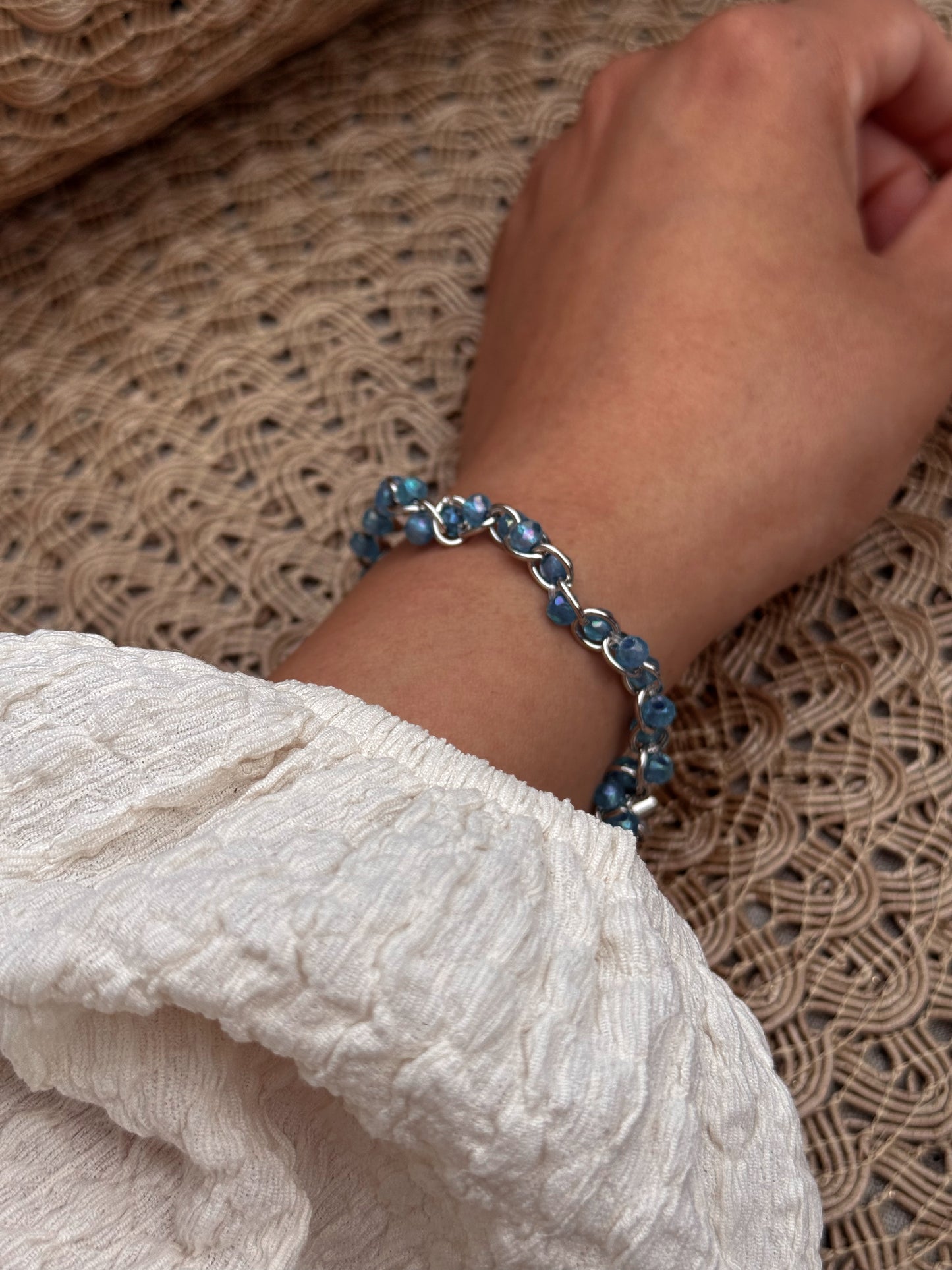 Ocean/ sky -inspired Blue Glass Beaded Silver Chain Bracelet