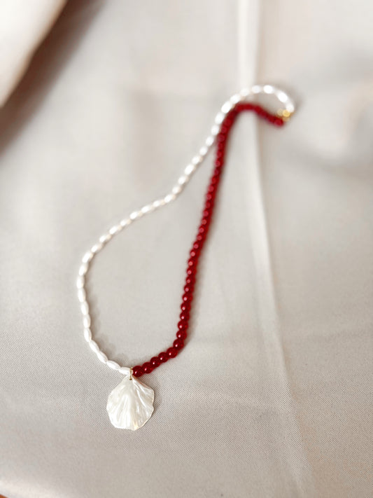 Red Garnet & Pearl Harmony with Petal Pendant necklace,Elegant handmade jewelry, Perfect Gift for Women, Summer jewelry