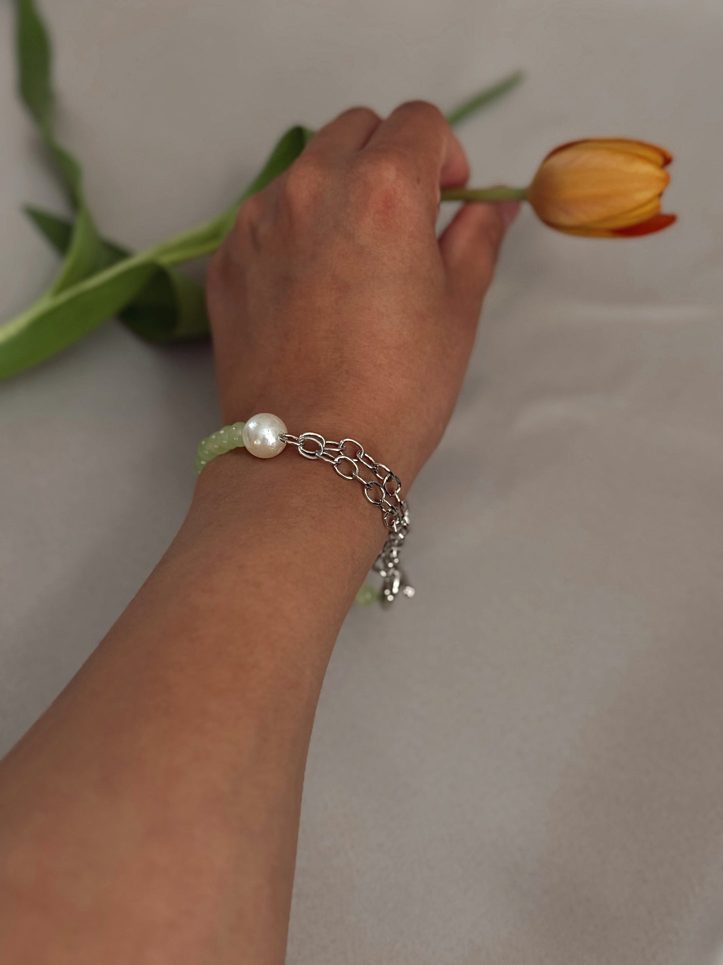 Silver Stainless Steel Bracelet with Freshwater Pearl & Green Jade Beads