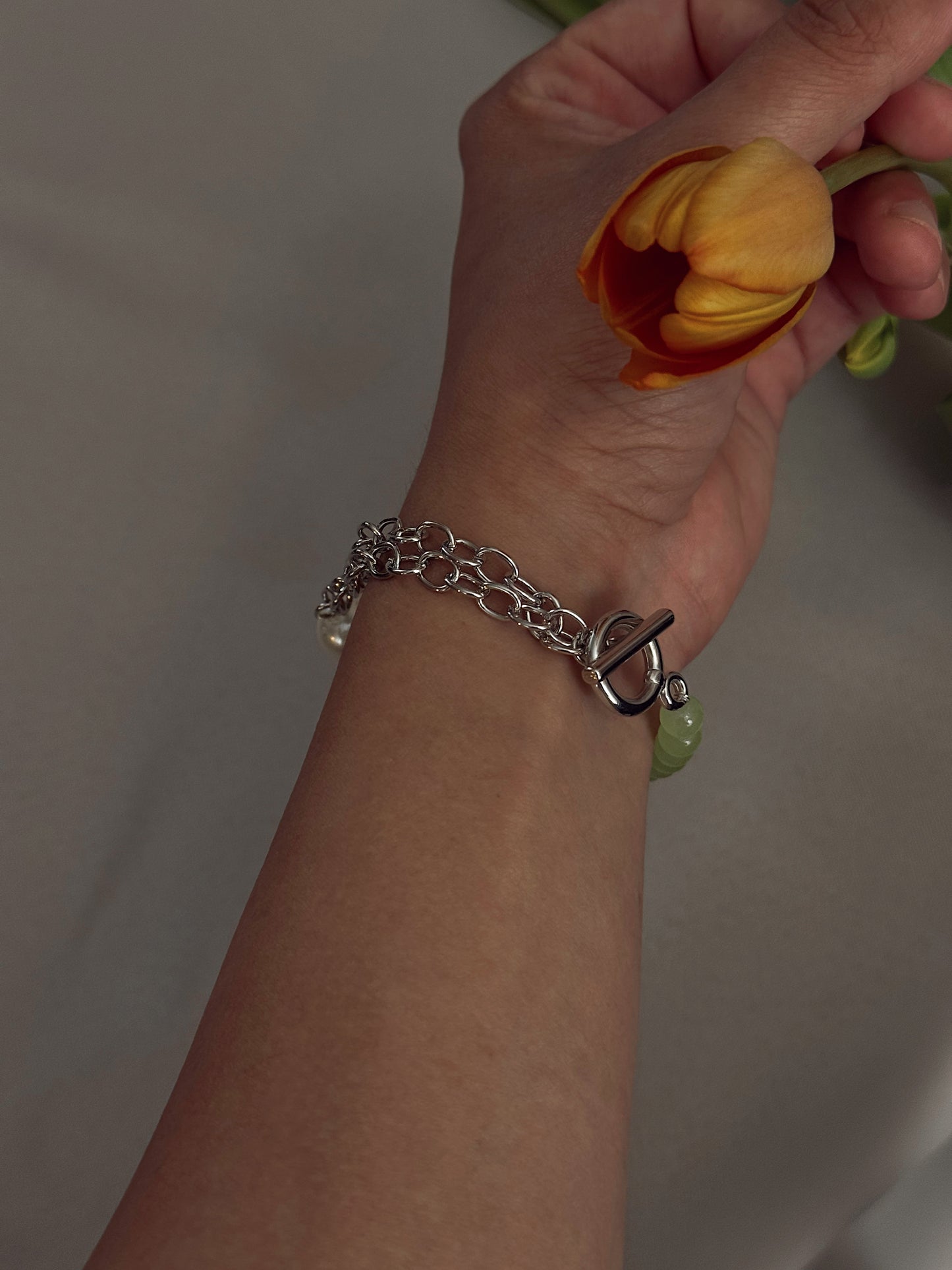 Silver Stainless Steel Bracelet with Freshwater Pearl & Green Jade Beads