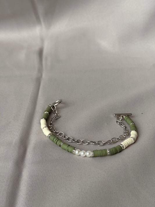 Green& Ivory Heishi Beaded  Silver Chain Bracelet, Handmade Minimalist Jewelry with Freshwater Pearl & Stainless steel Toggle Clasp