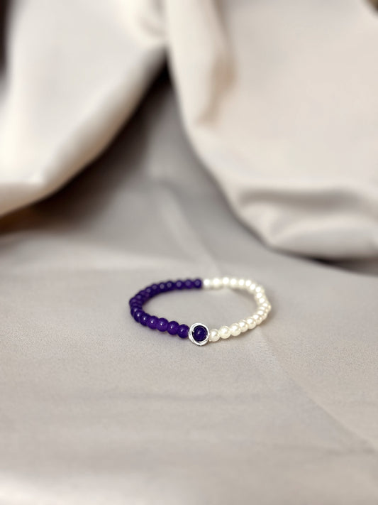 Amethyst & Pearl Beaded Charm Bracelet, Stretch Bracelet with Center Stone, Handmade Elegant Gift for Her