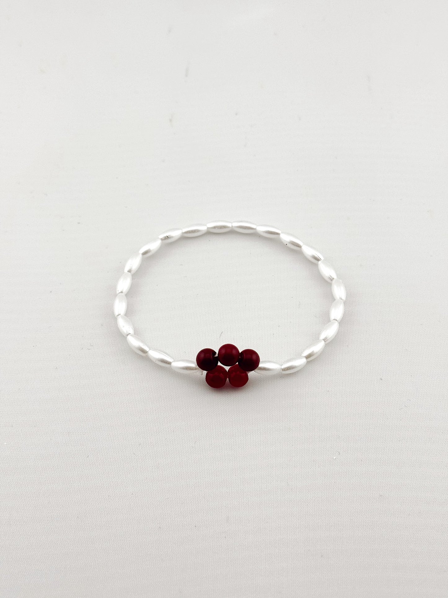 Minimalist White Beaded Bracelet with Red Flower Accent , Dainty Handmade Jewelry ,Gift for Her ,Everyday Bracelet