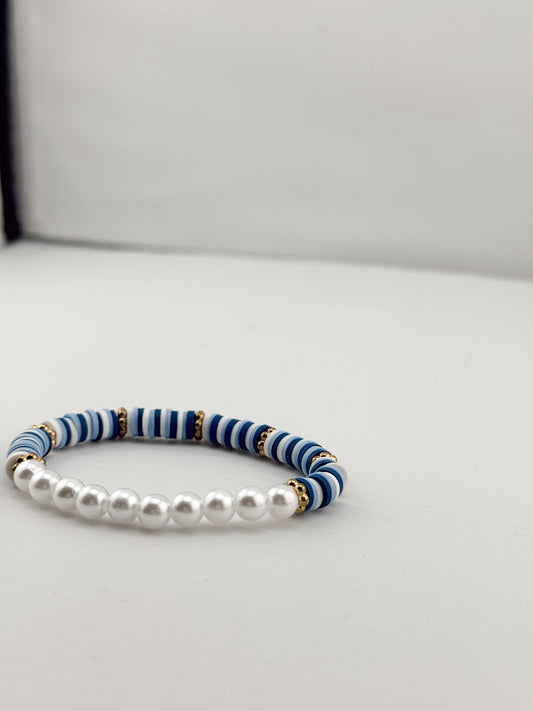 Blue Stripe & Pearl Beaded Bracelet, Summer-inspired Handmade Jewelry,Jean-like  bracelet