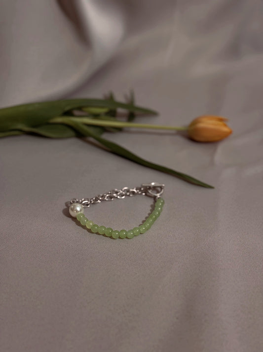 Silver Stainless Steel Bracelet with Freshwater Pearl & Green Jade Beads