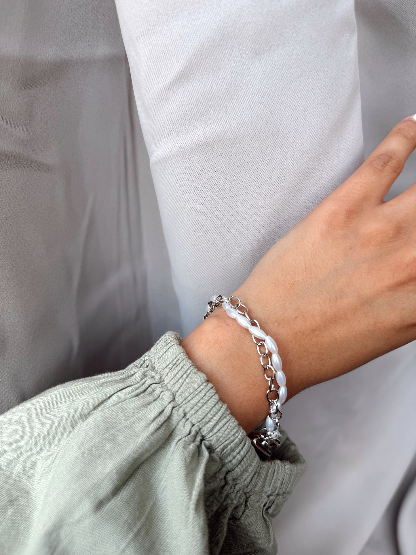 Pearl Bracelet Wrap in Silver Chain with Toggle Clasp , Dainty Oval Pearl Beaded Bracelet for Mom,Perfect Gift for Her,Everyday wear jewelry
