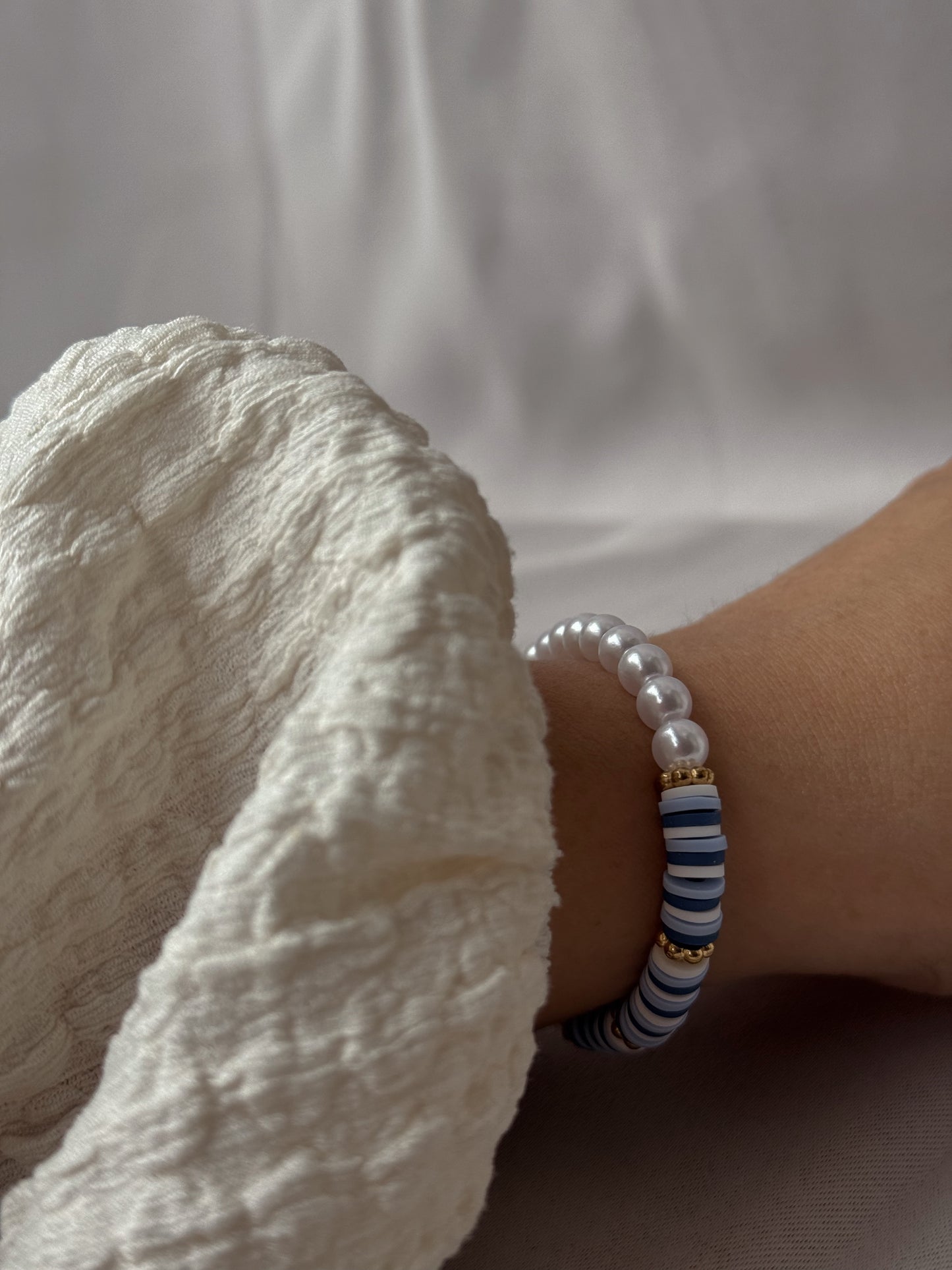 Blue Stripe & Pearl Beaded Bracelet, Summer-inspired Handmade Jewelry,Jean-like  bracelet