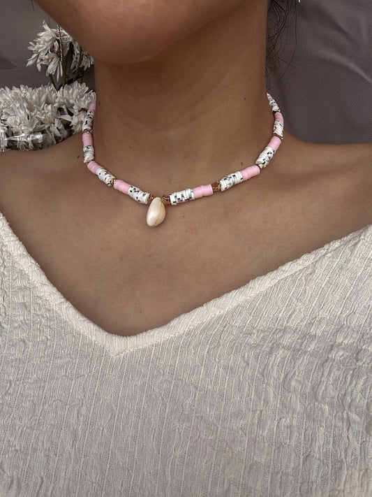Beachy Boho Choker for Women,Pink & Zebra Printed Clay Beaded Necklace with Gold Accents and Shell Charm