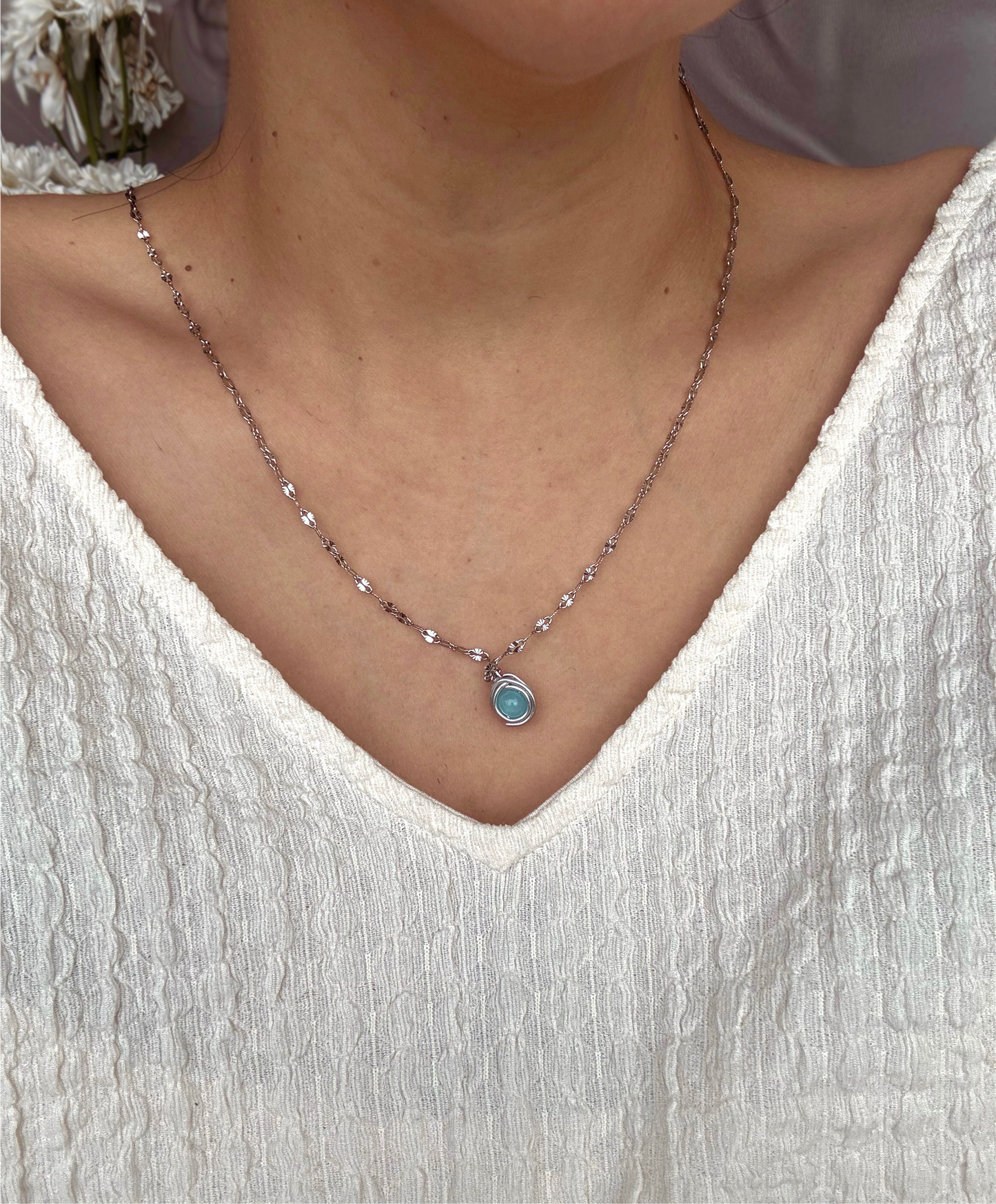 Handmade Beaded Silver Chain necklace with Teardrop wired
