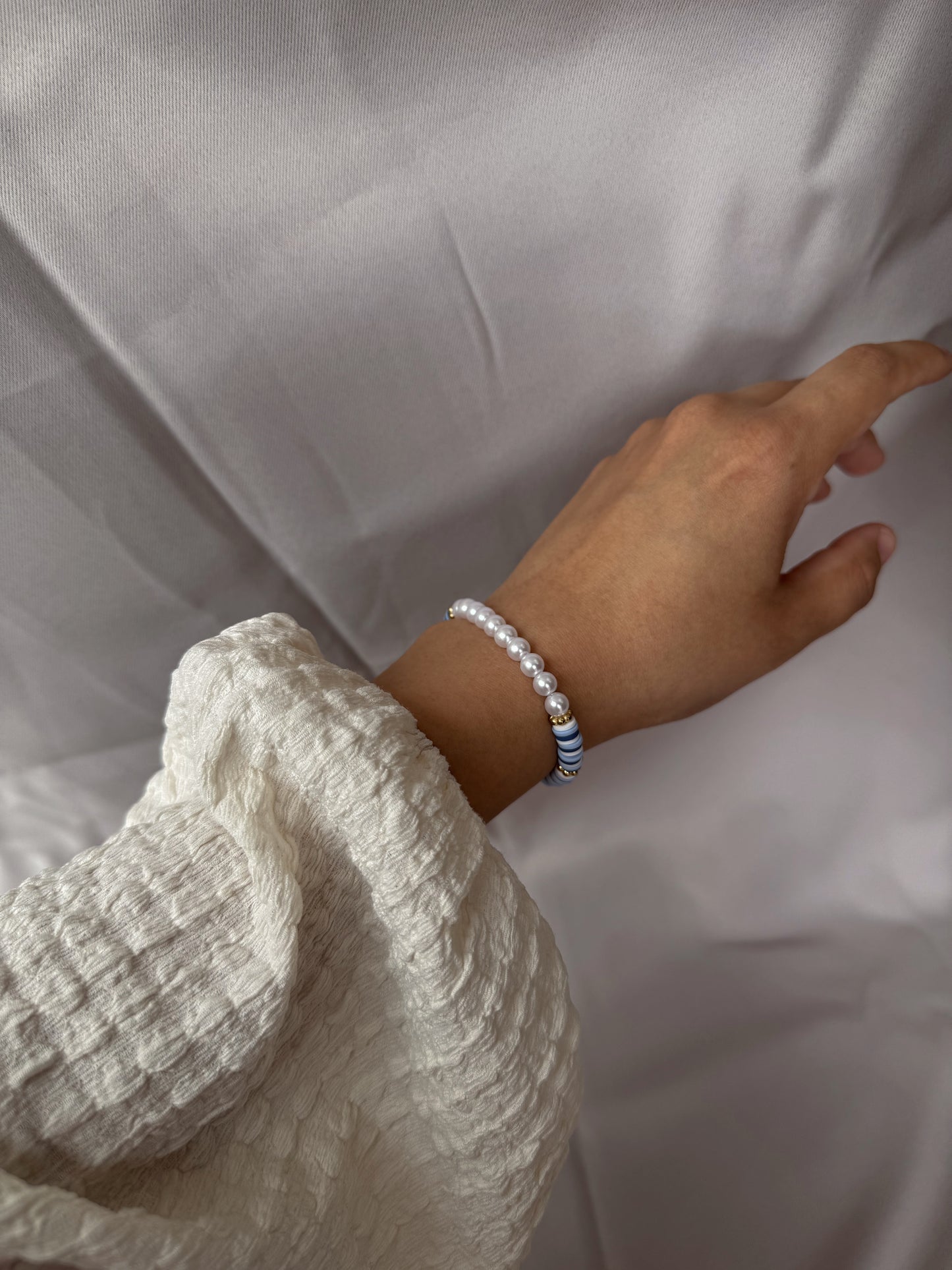 Blue Stripe & Pearl Beaded Bracelet, Summer-inspired Handmade Jewelry,Jean-like  bracelet