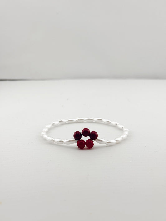 Minimalist White Beaded Bracelet with Red Flower Accent , Dainty Handmade Jewelry ,Gift for Her ,Everyday Bracelet