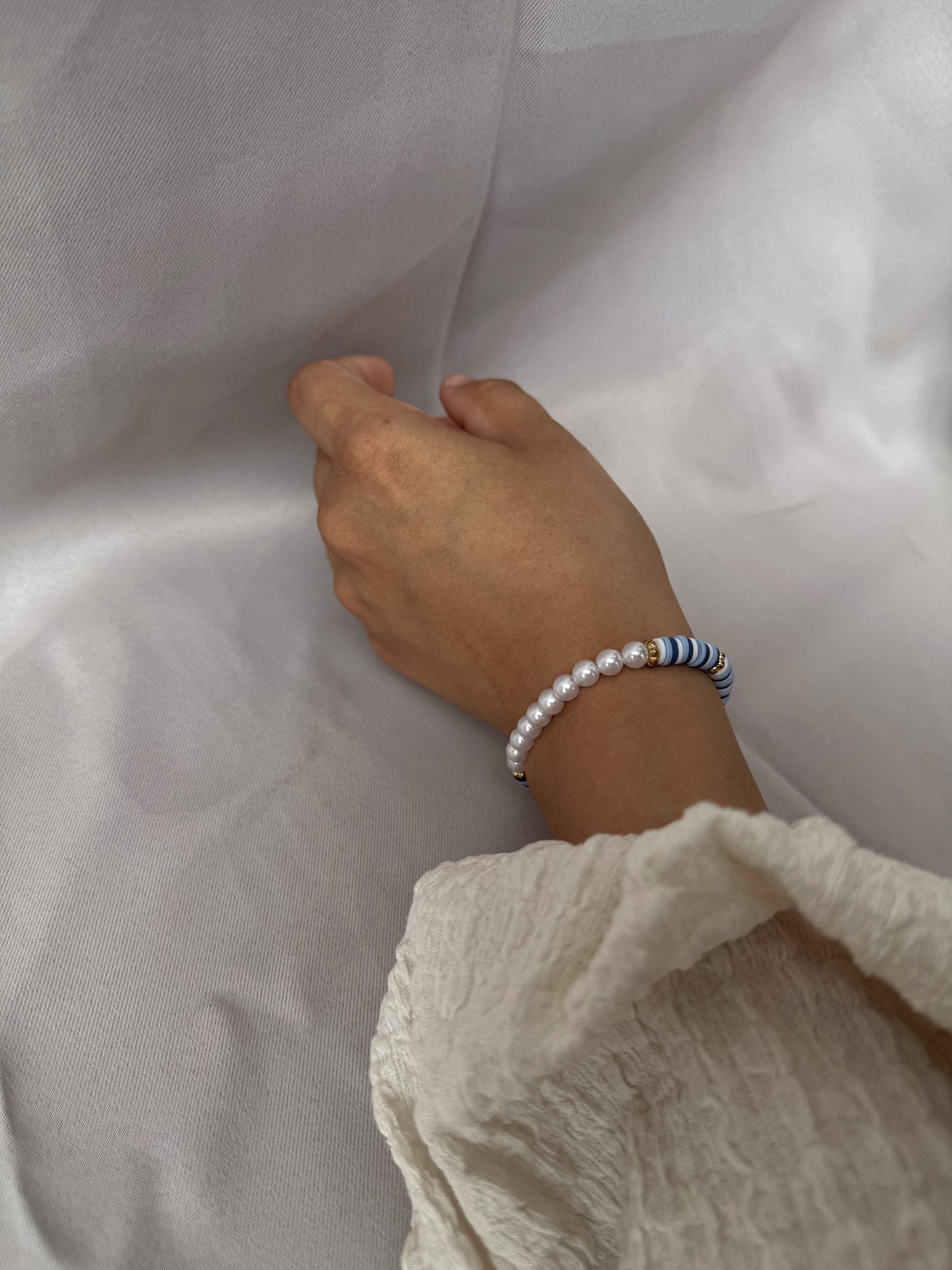 Blue Stripe & Pearl Beaded Bracelet, Summer-inspired Handmade Jewelry,Jean-like  bracelet