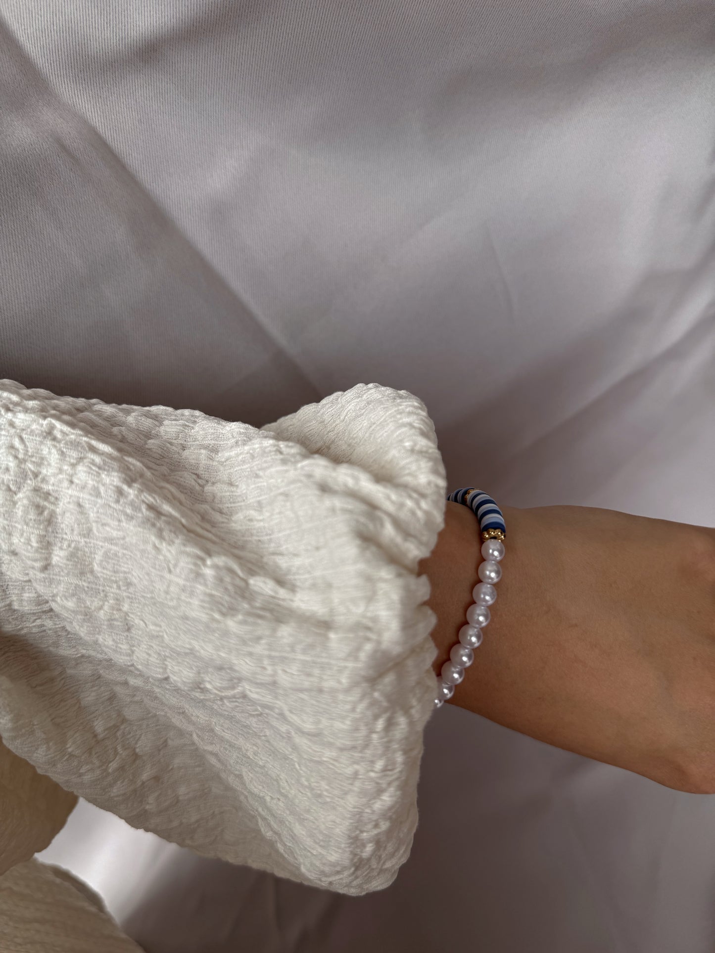 Blue Stripe & Pearl Beaded Bracelet, Summer-inspired Handmade Jewelry,Jean-like  bracelet