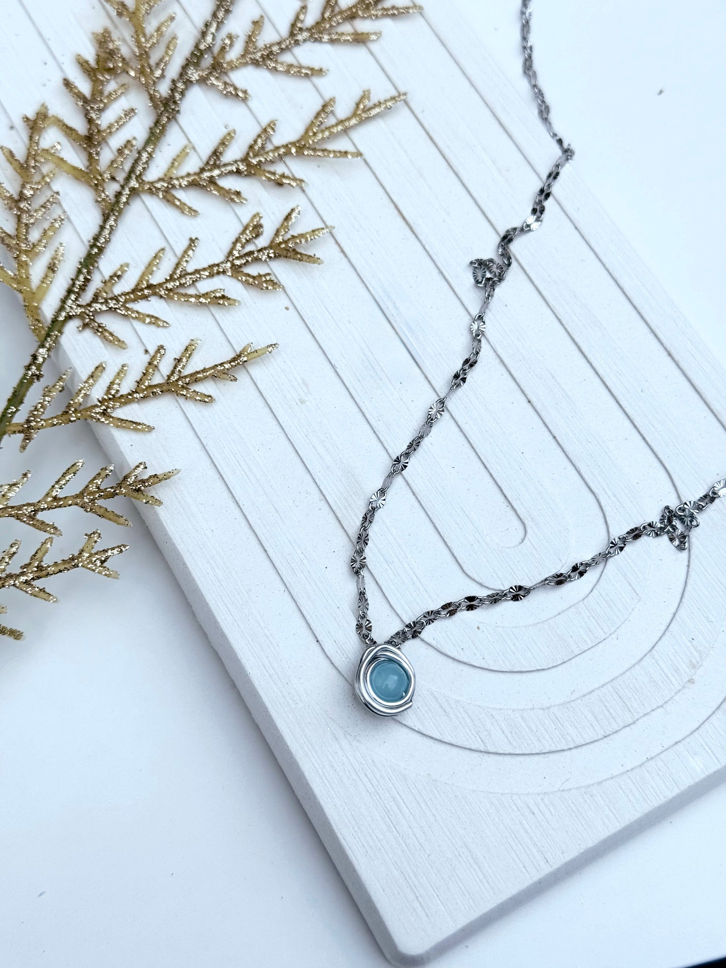 Handmade Beaded Silver Chain necklace with Teardrop wired Pendant