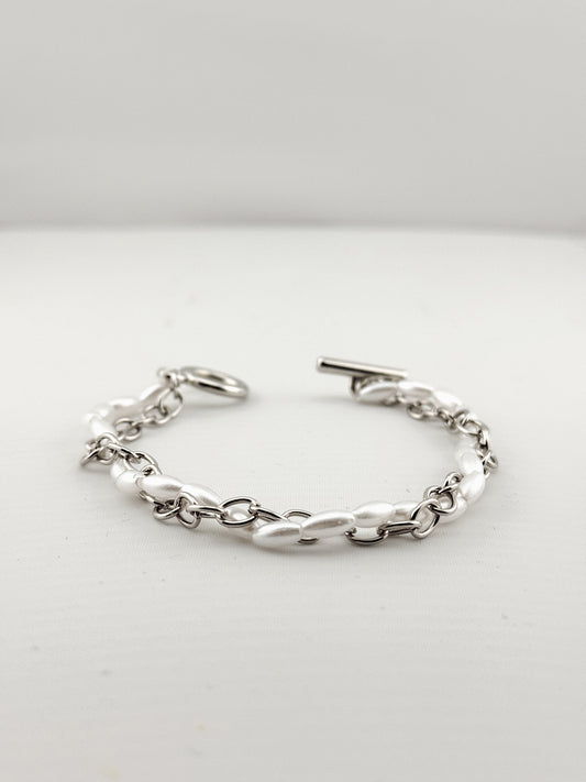 Pearl Bracelet Wrap in Silver Chain with Toggle Clasp , Dainty Oval Pearl Beaded Bracelet for Mom,Perfect Gift for Her,Everyday wear jewelry