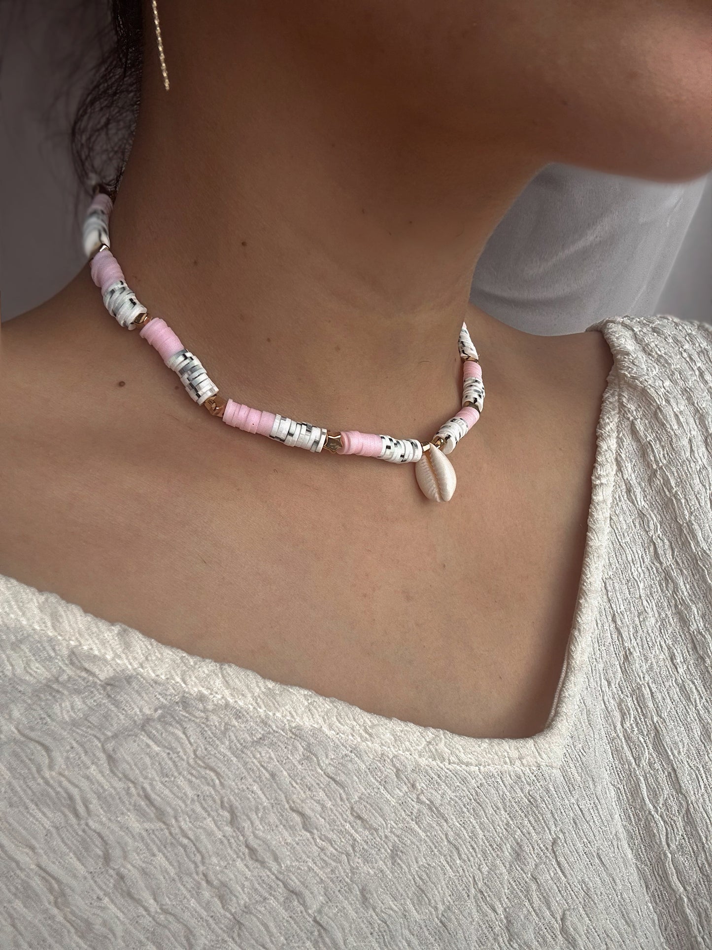 Beachy Boho Choker for Women,Pink & Zebra Printed Clay Beaded Necklace with Gold Accents and Shell Charm