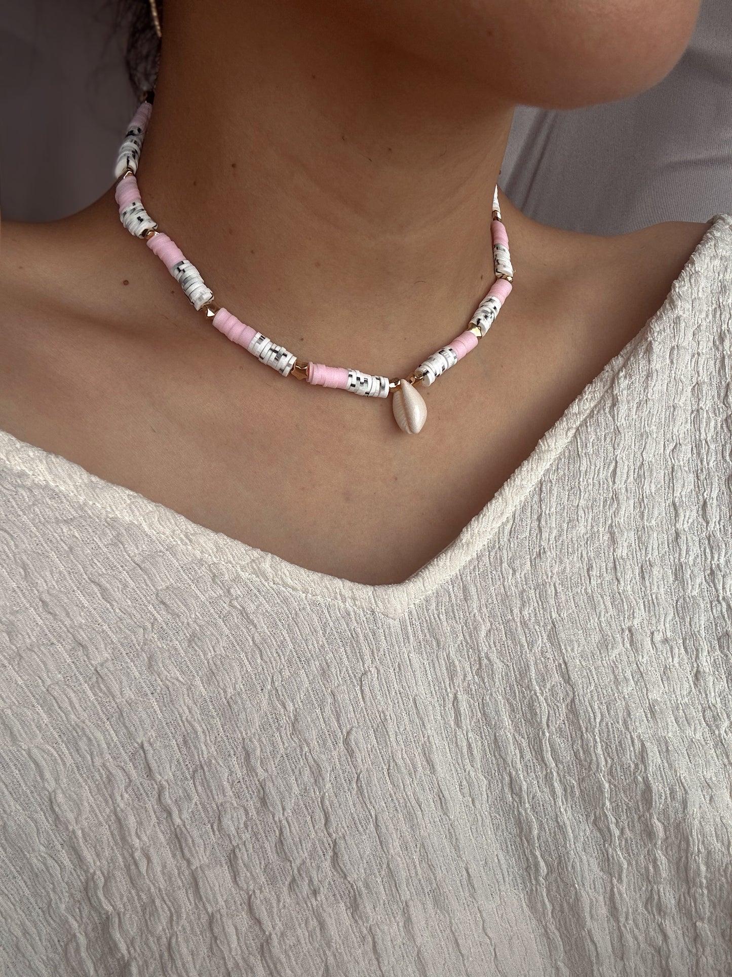 Beachy Boho Choker for Women,Pink & Zebra Printed Clay Beaded Necklace with Gold Accents and Shell Charm