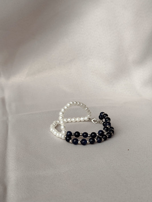 Pearl and Onyx Style Yin Yang Bracelet, Unique Style Black and White Beaded Bracelet